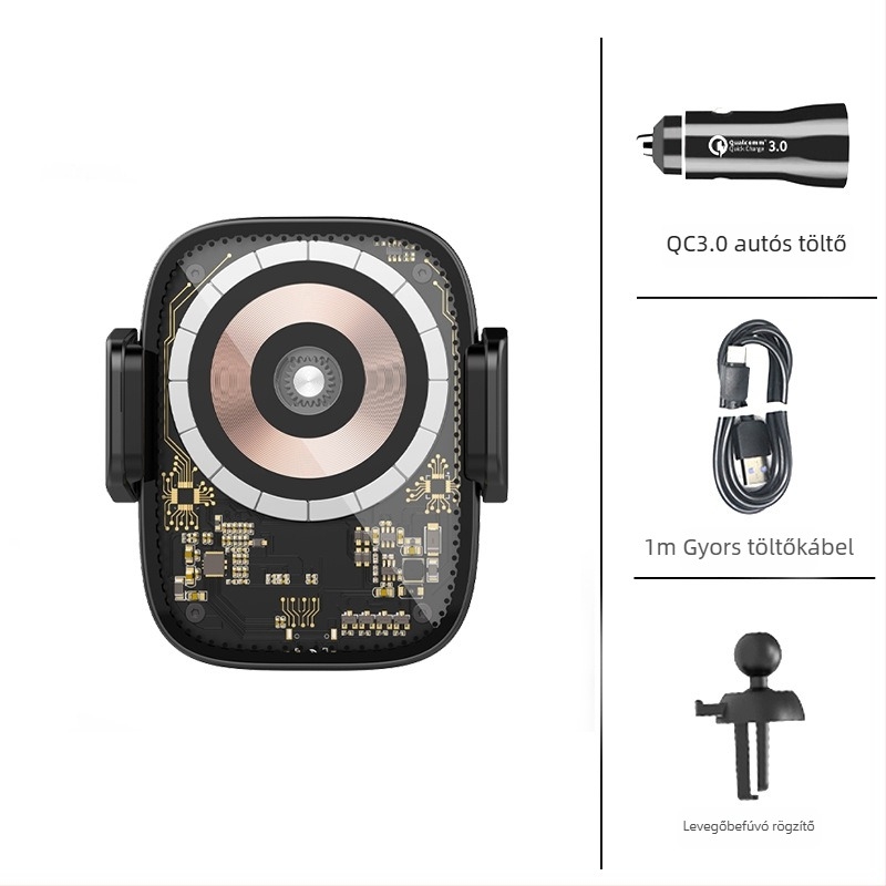 MagSafe autó mágneses vezeték nélküli töltő érintéses érzékeléssel, átlátszó punk stílus, 15W max, USB-C, QC3.0, mágneses rögzítés