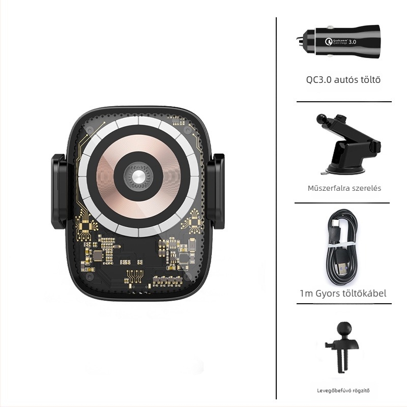 MagSafe autó mágneses vezeték nélküli töltő érintéses érzékeléssel, átlátszó punk stílus, 15W max, USB-C, QC3.0, mágneses rögzítés