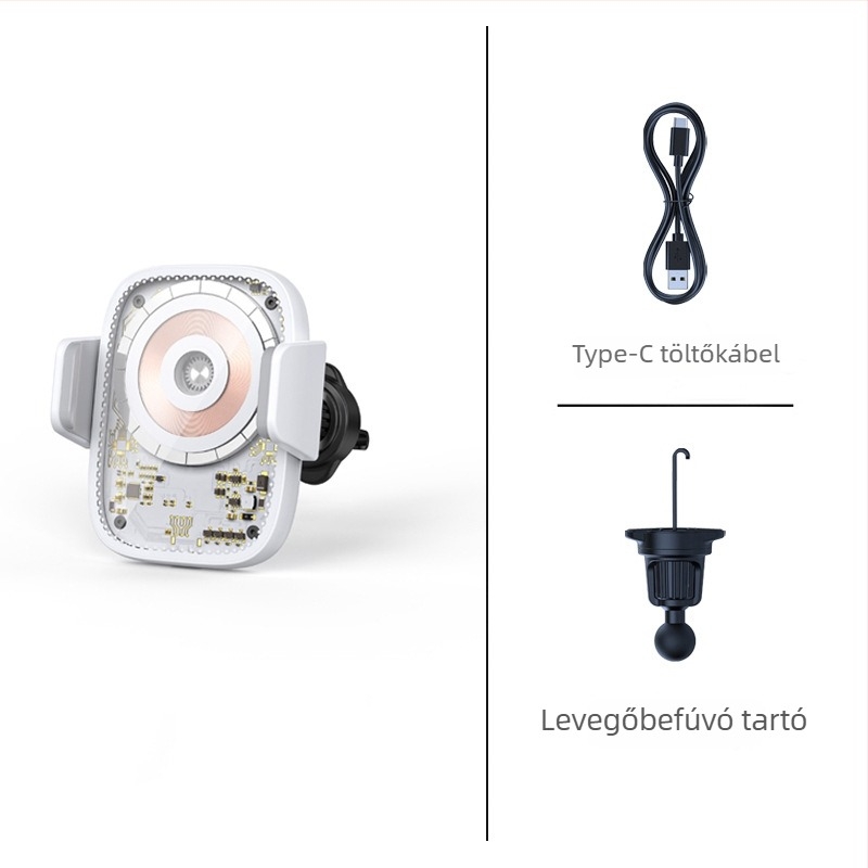 MagSafe autó mágneses vezeték nélküli töltő érintéses érzékeléssel, átlátszó punk stílus, 15W max, USB-C, QC3.0, mágneses rögzítés