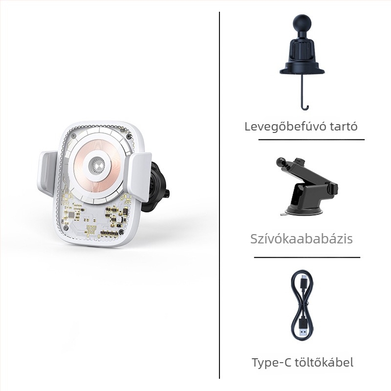 MagSafe autó mágneses vezeték nélküli töltő érintéses érzékeléssel, átlátszó punk stílus, 15W max, USB-C, QC3.0, mágneses rögzítés