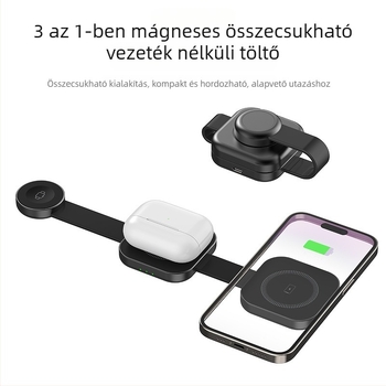 3 az 1-ben mágneses vezeték nélküli töltő Apple és Huawei telefonokhoz, fülhallgatókhoz és órához — max 15W, QC3.0, Type-C bemenet
