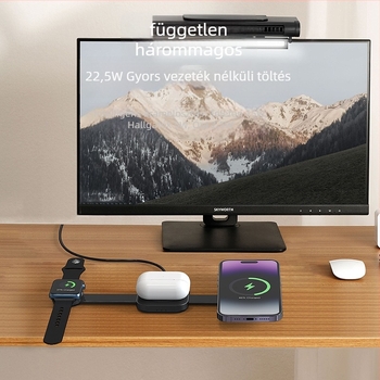 3 az 1-ben mágneses vezeték nélküli töltő Apple és Huawei telefonokhoz, fülhallgatókhoz és órához — max 15W, QC3.0, Type-C bemenet