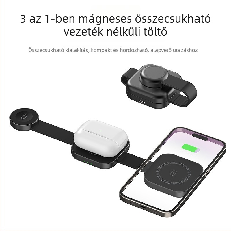 3 az 1-ben mágneses vezeték nélküli töltő Apple és Huawei telefonokhoz, fülhallgatókhoz és órához — max 15W, QC3.0, Type-C bemenet