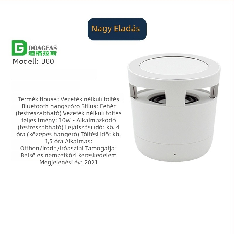 Douglas vezeték nélküli töltő Bluetooth hangszóróval, 10W, Qi tanúsítvány, QC3.0, Kimenet 1.2A