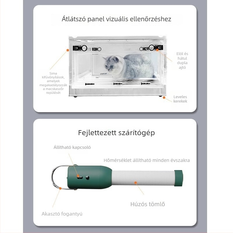 Háziállat-szárítódoboz – kar nélküli típus, 1600–1999 W, AC motor, gofrált fűtőkábel