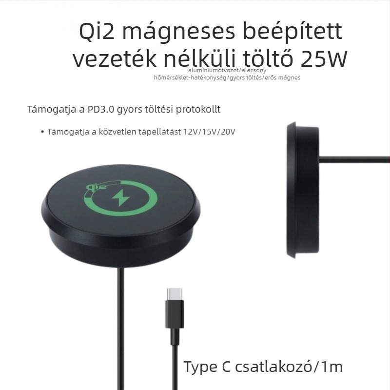 Asztali beépített mágneses vezeték nélküli töltő 25W, alumíniumötvözet, gyors töltés – alkalmas bútorokra, szállodákhoz és autókhoz