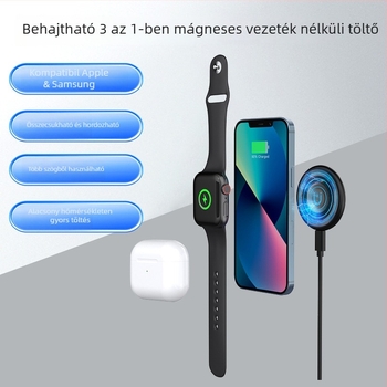 Három az egyben összecsukható vezeték nélküli töltő telefonra, fejhallgatóra és órára – 15W max, QC4.0, mágneses töltés, digitális kijelző