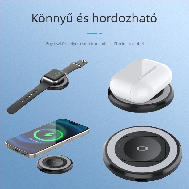 Három az egyben összecsukható vezeték nélküli töltő telefonra, fejhallgatóra és órára – 15W max, QC4.0, mágneses töltés, digitális kijelző