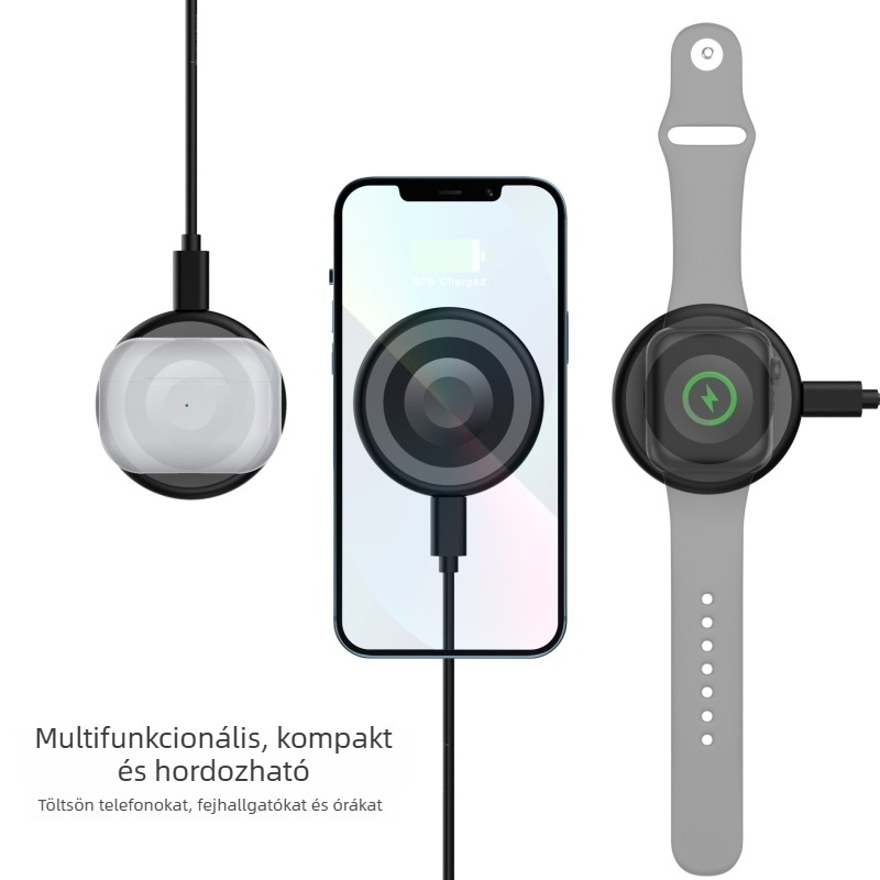 Három az egyben összecsukható vezeték nélküli töltő telefonra, fejhallgatóra és órára – 15W max, QC4.0, mágneses töltés, digitális kijelző