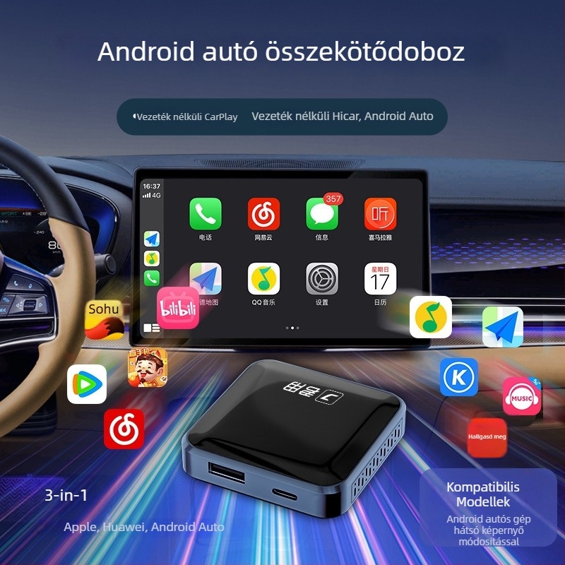 JY-A3 Android autó-interkonneciós modul — duál-core processzor, 1GB RAM, USB interfész, Operációs rendszer: Wireless CarPlay/HiCar/Auto
