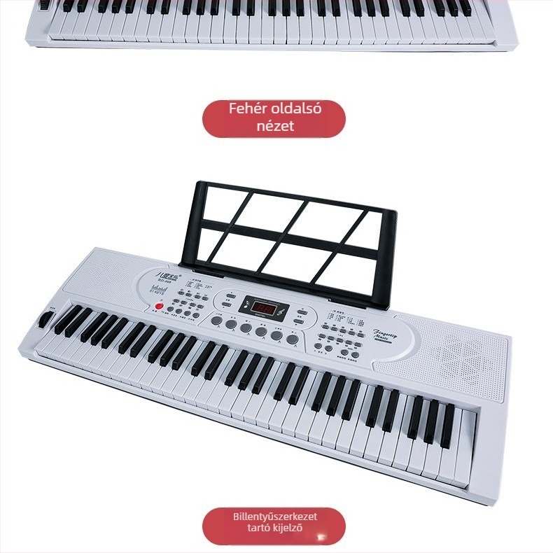 Hordozható kezdő elektronikus zongora kettős hangszóróval és mikrofonnal, 61 billentyűs, állvánnyal kompatibilis