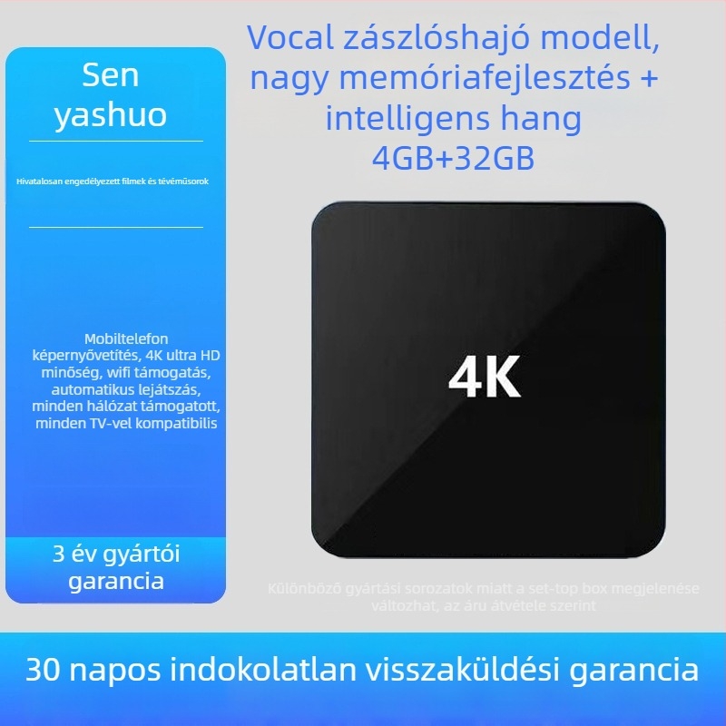 4K-s nyolcmagos TV box, 4GB RAM, 32GB tárhely, HDMI, Wi‑Fi