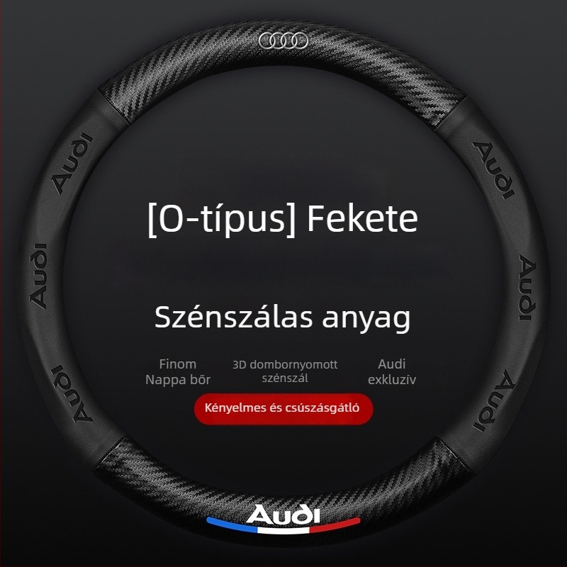 Szénszálas hatású kormányvédő, 3D-relief logóval, műbőr, specifikus autómodellekhez