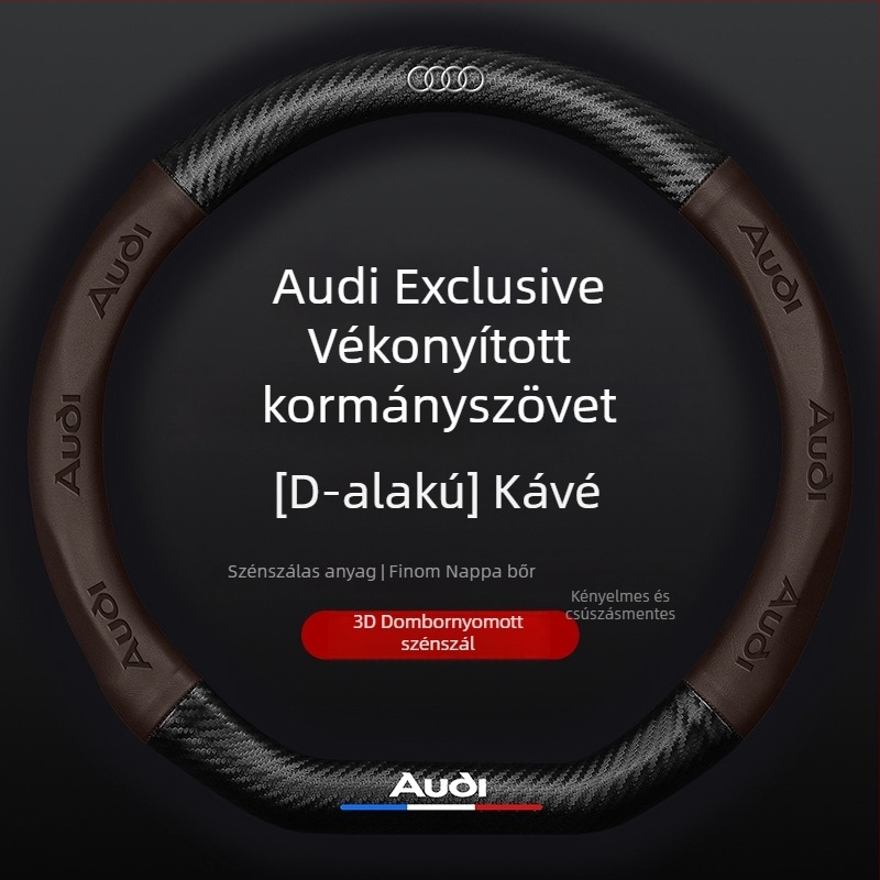 Szénszálas hatású kormányvédő, 3D-relief logóval, műbőr, specifikus autómodellekhez