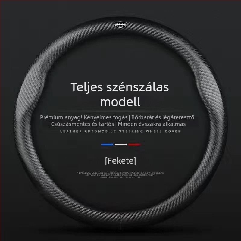 Szénszálas hatású kormányvédő, 3D-relief logóval, műbőr, specifikus autómodellekhez