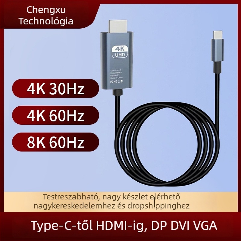 Type-C–ről HDMI-re adapter kábel, 4K8K támogatás, 1,5 m hosszúságú, modell Cx036-39, ónnal bevont réz vezetőmag