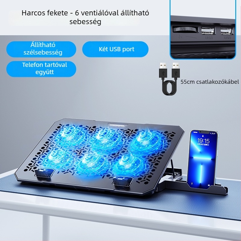 A12 laptophűtőalap, csendes kipufogó ventillátorral, 12 ventillátoros konfiguráció, 0,6 m kábel, fém háló