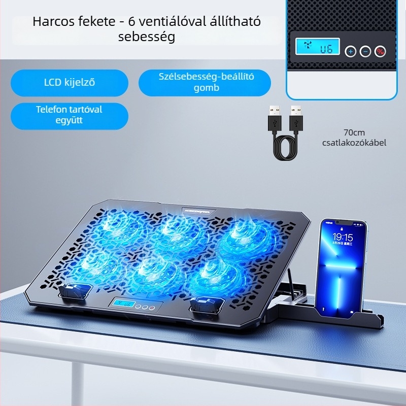 A12 laptophűtőalap, csendes kipufogó ventillátorral, 12 ventillátoros konfiguráció, 0,6 m kábel, fém háló