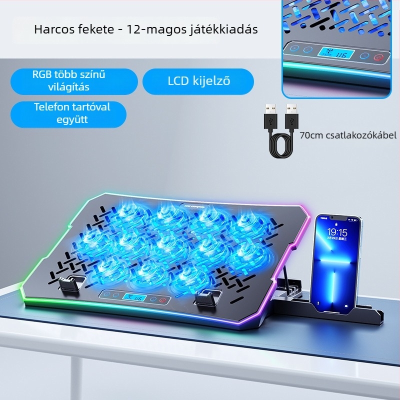 A12 laptophűtőalap, csendes kipufogó ventillátorral, 12 ventillátoros konfiguráció, 0,6 m kábel, fém háló
