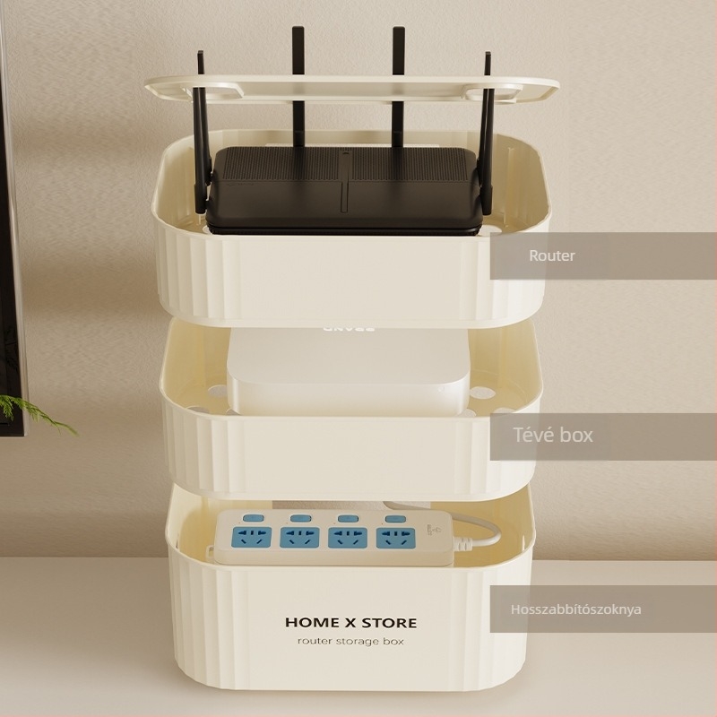 Kábel tároló doboz fedéllel, 35 L, PP+HIPS műanyag, egymásra tehető, nappali, hálószoba és dolgozószoba