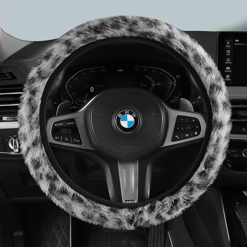 Kormánykerék borítás - rugalmas univerzális illeszkedés, téli plüss, csúszásmentes, leopard mintás füllel, Junluhao