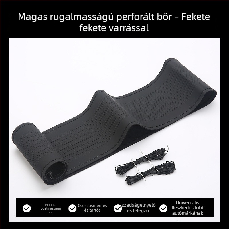 Kézzel varrott bőr kormánykerékfedél, négy évszakos univerzális illeszkedés, mesterséges bőr, négyoldalas elasztikus kialakítás