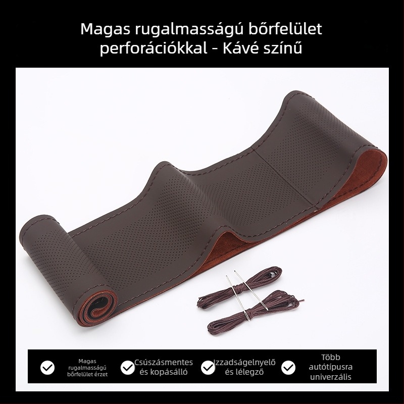 Kézzel varrott bőr kormánykerékfedél, négy évszakos univerzális illeszkedés, mesterséges bőr, négyoldalas elasztikus kialakítás