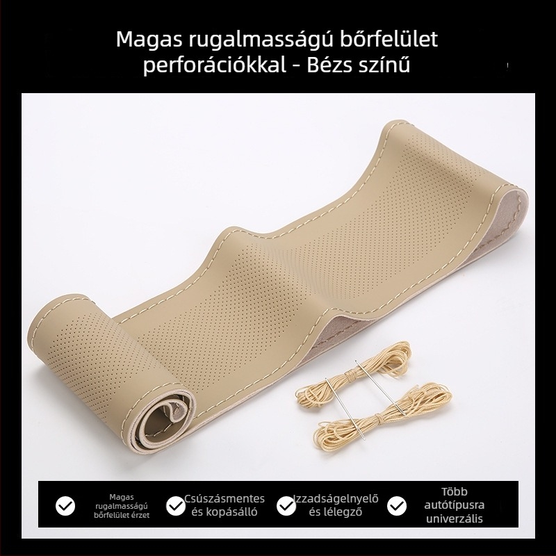 Kézzel varrott bőr kormánykerékfedél, négy évszakos univerzális illeszkedés, mesterséges bőr, négyoldalas elasztikus kialakítás