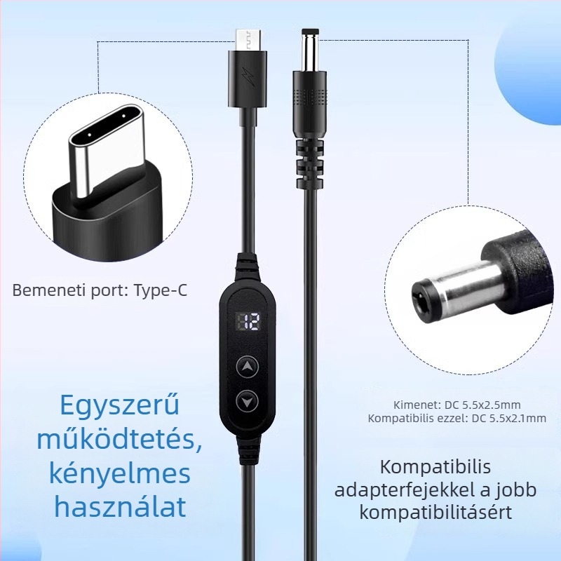 Type-C to DC sokfunkciós kábel, állítható feszültség 9V/12V/18V/21V, dupla gombos vezérlés, rézmag, hossz 1,2 m
