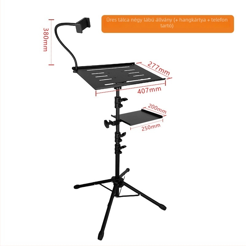 Alumínium ötvözetes projektor-tartó hűtőlemezzel, laptophoz, padlóra álló négylábú kivitel, modell T1017