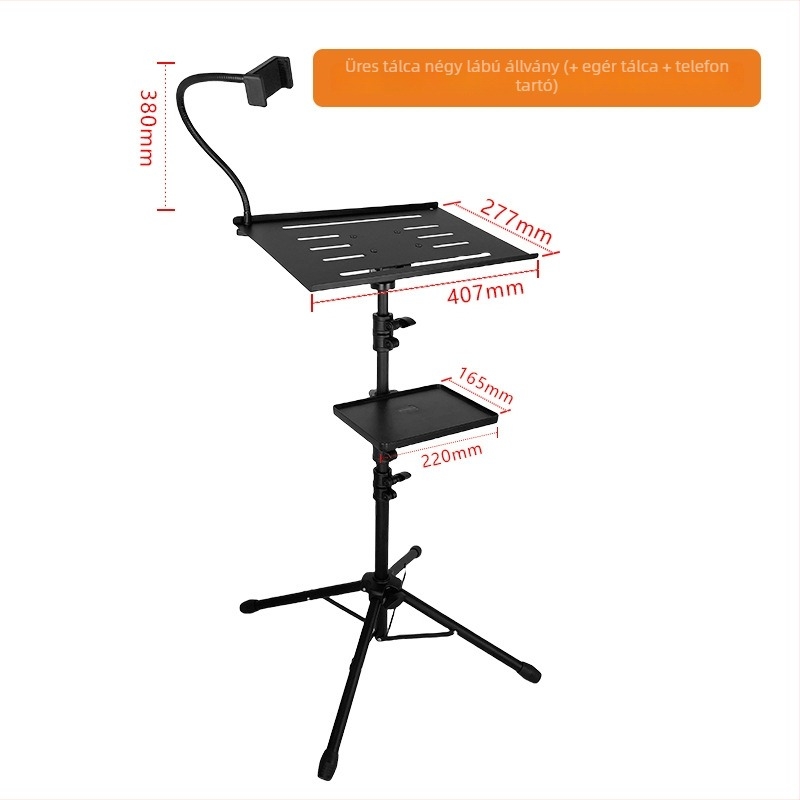 Alumínium ötvözetes projektor-tartó hűtőlemezzel, laptophoz, padlóra álló négylábú kivitel, modell T1017