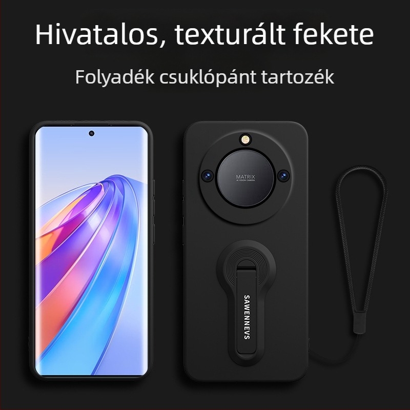 Honor X40 folyékony szilikon hátlapi tok állvánnyal és csuklópánttal, teljes körű objektív védelem, ütésálló