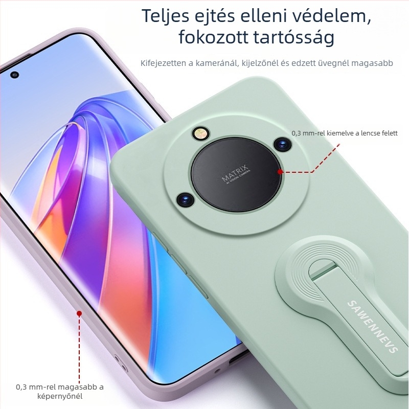 Honor X40 folyékony szilikon hátlapi tok állvánnyal és csuklópánttal, teljes körű objektív védelem, ütésálló