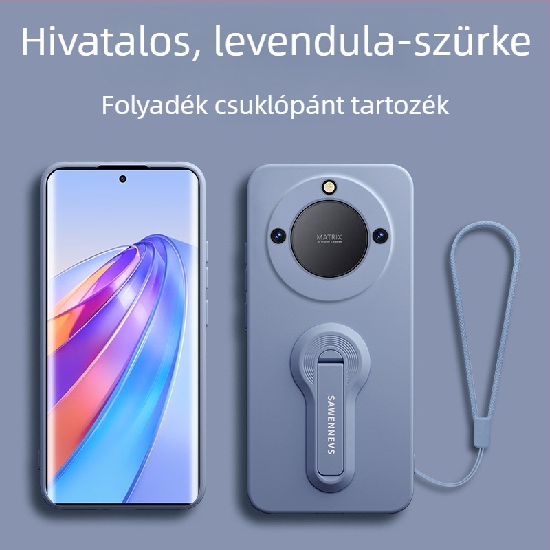 Honor X40 folyékony szilikon hátlapi tok állvánnyal és csuklópánttal, teljes körű objektív védelem, ütésálló