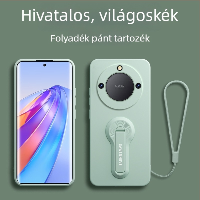 Honor X40 folyékony szilikon hátlapi tok állvánnyal és csuklópánttal, teljes körű objektív védelem, ütésálló