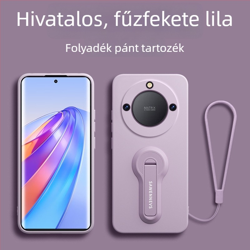 Honor X40 folyékony szilikon hátlapi tok állvánnyal és csuklópánttal, teljes körű objektív védelem, ütésálló