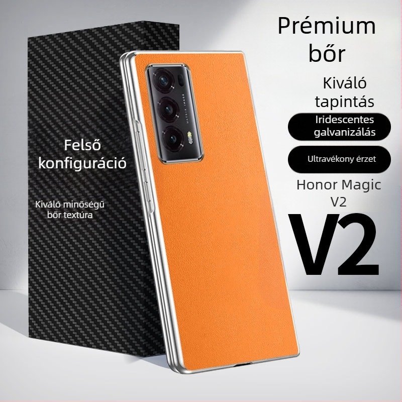 Honor Magic V2 védőtok, ultra vékony, ütésálló, összecsukható kijelzőhöz, elektroplatott PU bőr felülettel