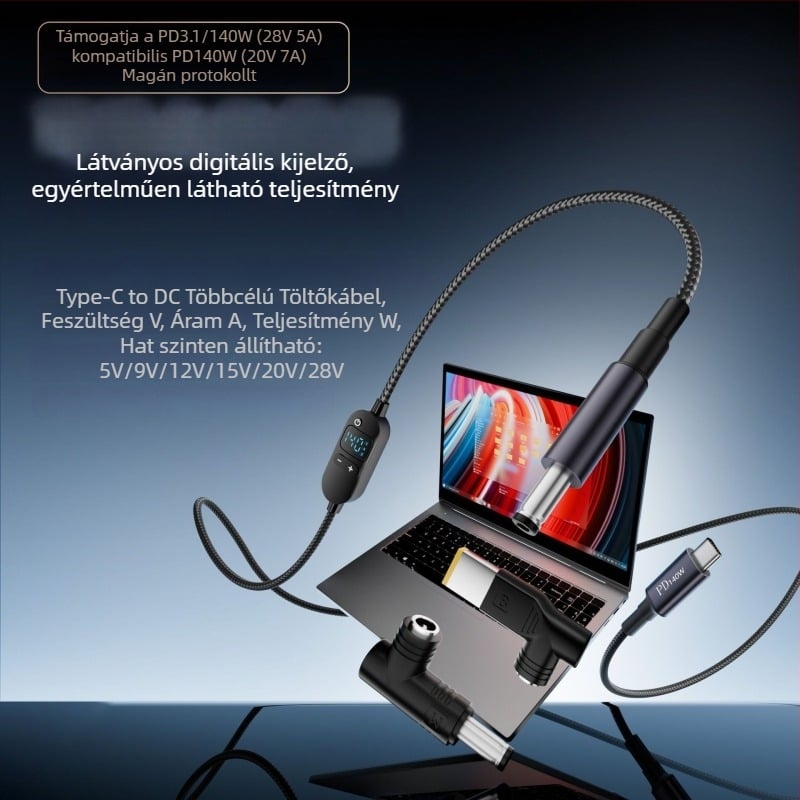 PD digitális kijelzős gyors töltőkábel Type-C-ről DC5521-re, nagy teljesítmény, állítható feszültség, többfunkciós adapter