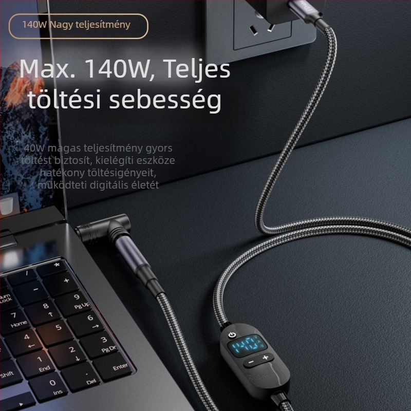 PD digitális kijelzős gyors töltőkábel Type-C-ről DC5521-re, nagy teljesítmény, állítható feszültség, többfunkciós adapter