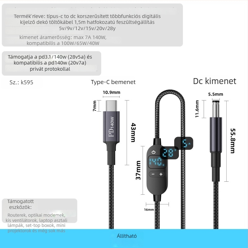 PD digitális kijelzős gyors töltőkábel Type-C-ről DC5521-re, nagy teljesítmény, állítható feszültség, többfunkciós adapter