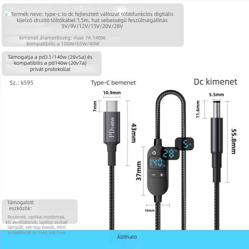 PD digitális kijelzős gyors töltőkábel Type-C-ről DC5521-re, nagy teljesítmény, állítható feszültség, többfunkciós adapter