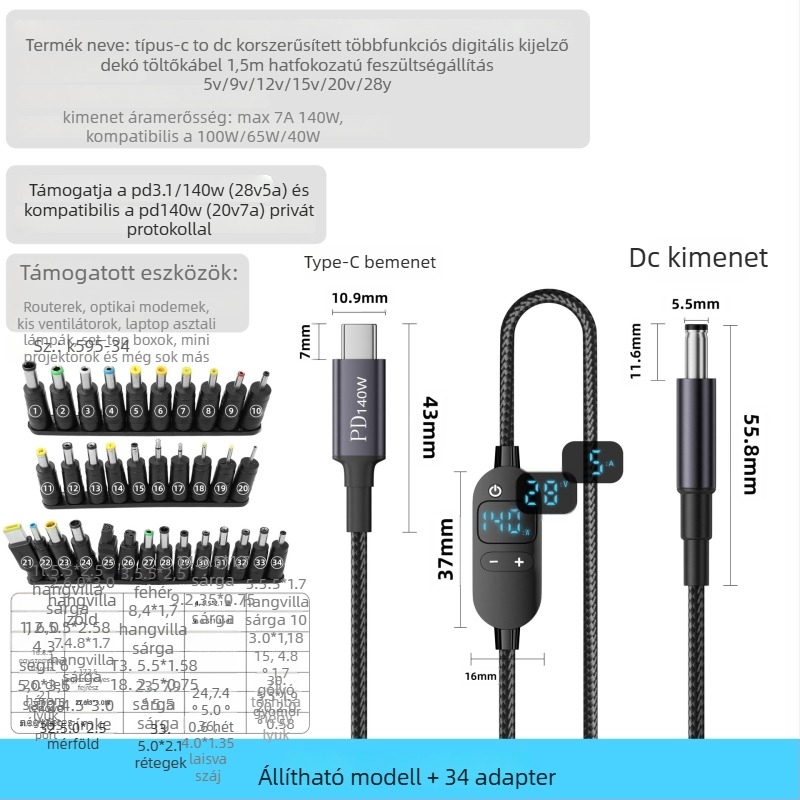 PD digitális kijelzős gyors töltőkábel Type-C-ről DC5521-re, nagy teljesítmény, állítható feszültség, többfunkciós adapter