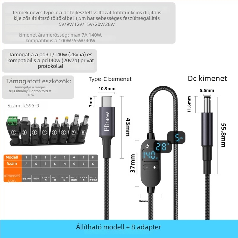 PD digitális kijelzős gyors töltőkábel Type-C-ről DC5521-re, nagy teljesítmény, állítható feszültség, többfunkciós adapter