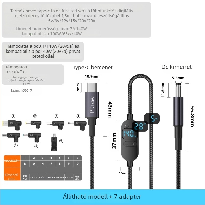 PD digitális kijelzős gyors töltőkábel Type-C-ről DC5521-re, nagy teljesítmény, állítható feszültség, többfunkciós adapter