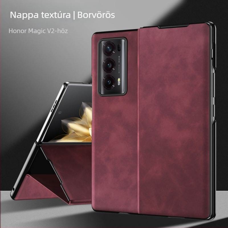Honor MagicV2 hajtogatós bőrtok, V2, műbőr, 5G, teljes védelem, ütésálló, állvány, fekete