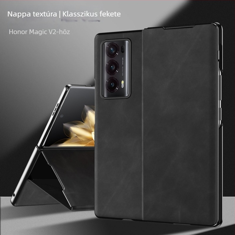 Honor MagicV2 hajtogatós bőrtok, V2, műbőr, 5G, teljes védelem, ütésálló, állvány, fekete