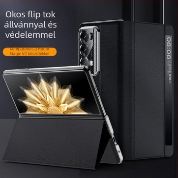Honor MagicV2-hoz bőrtok állvánnyal, összecsukható mágneses védőburkolat intelligens alvóablakkal