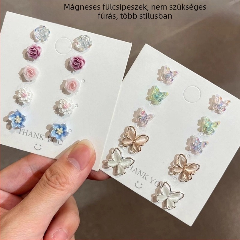 Mágneses csiptetős fülbevalók – camellia virág és pillangó minta, piercing nélkül, uniszex, Pangyi, tavasz 2025