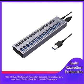 USB 3.1 hub, alumínium ötvözet burkolat, külső tápegység szükséges, 1-6 portos bővítés, 10 Gbps adatátvitel