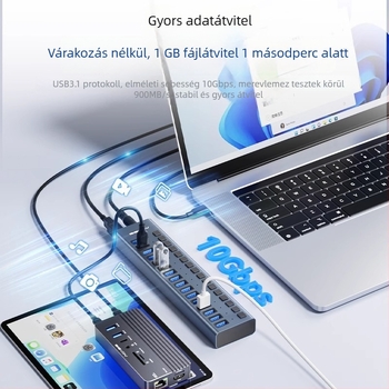 USB 3.1 hub, alumínium ötvözet burkolat, külső tápegység szükséges, 1-6 portos bővítés, 10 Gbps adatátvitel
